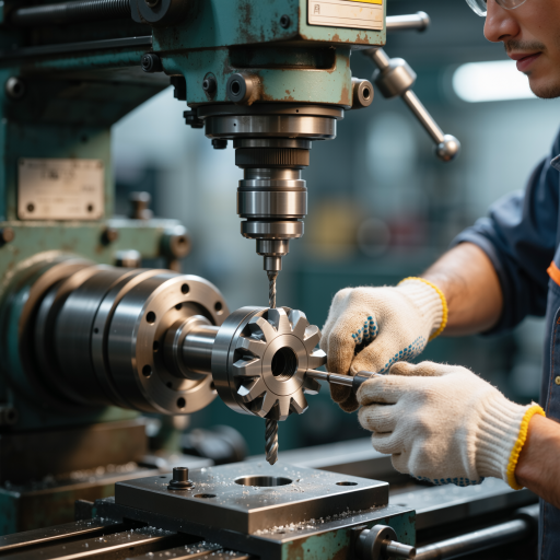 制造工厂车间内部，现代化生产设备整齐排列，工人正在操作机器